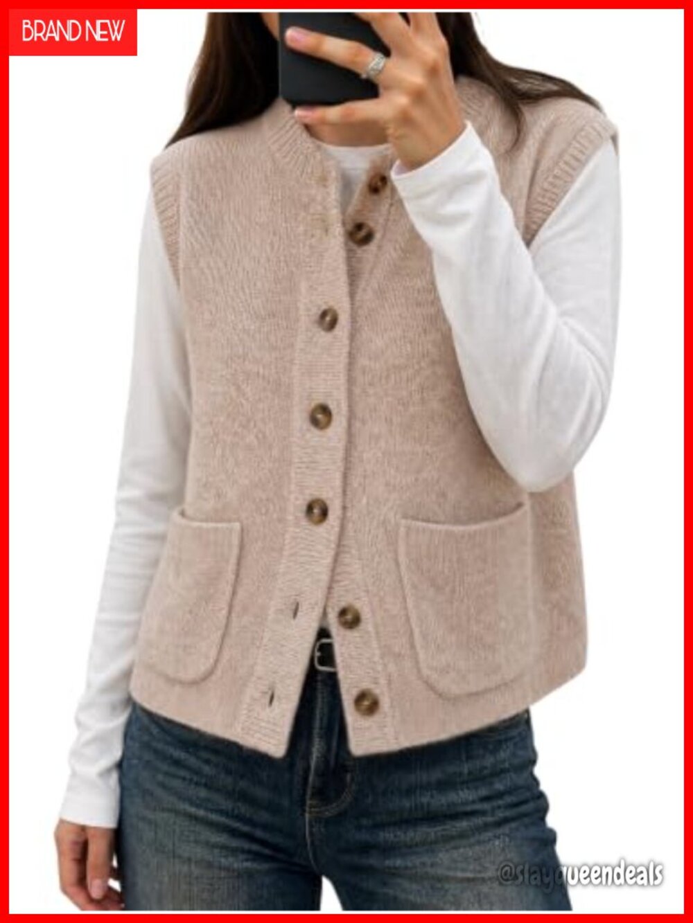 Sleeveless Button Down Sweater Vest with Cap Sleeve Mock Neck
